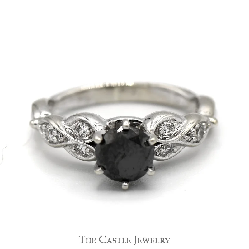 ladies rings for birthday -Black Diamond Solitaire Engagement Ring with Round Diamond Accents in 10k White Gold Twisted Mounting