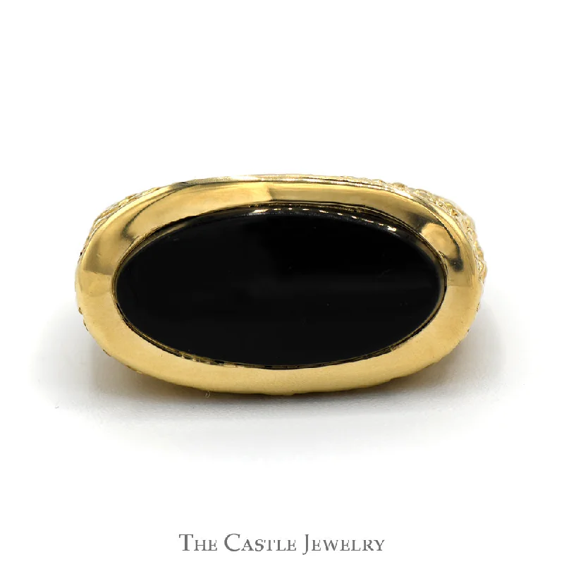 ladies rings white gold -Oblong Oval Black Onyx Ring in 14k Yellow Gold Nugget Designed Mounting