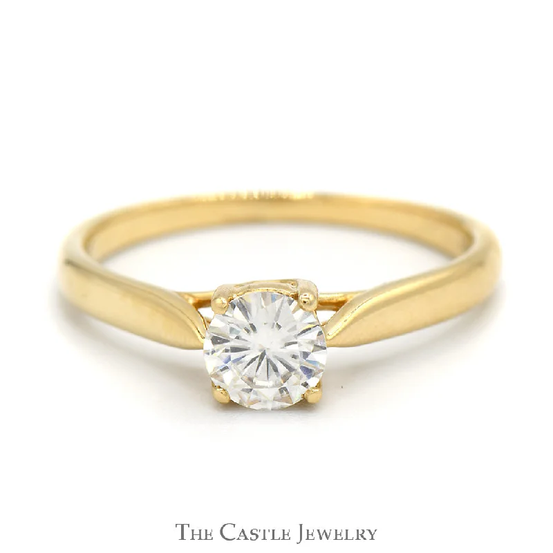 ladies rings for party -Round Moissanite Solitaire Engagement Ring in 10k Yellow Gold Cathedral Mounting