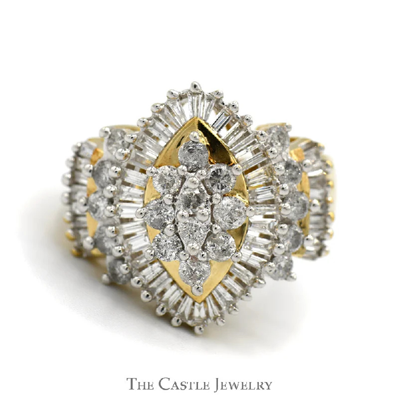 ladies rings lightweight feel -Marquise Shaped 1.33cttw Round & Baguette Diamond Cluster Ring in 10k Yellow Gold