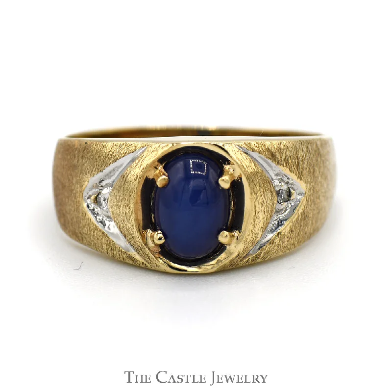 ladies rings for office wear -Oval Blue Lindy Star Ring with Diamond Accented Brushed Textured Sides in 10k Yellow Gold