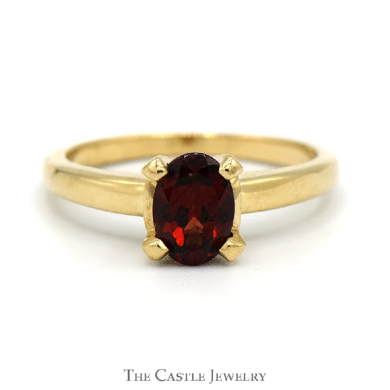 ladies rings with rainbow gems -Oval Garnet Solitaire Ring in 14k Yellow Gold 4 Prong Setting