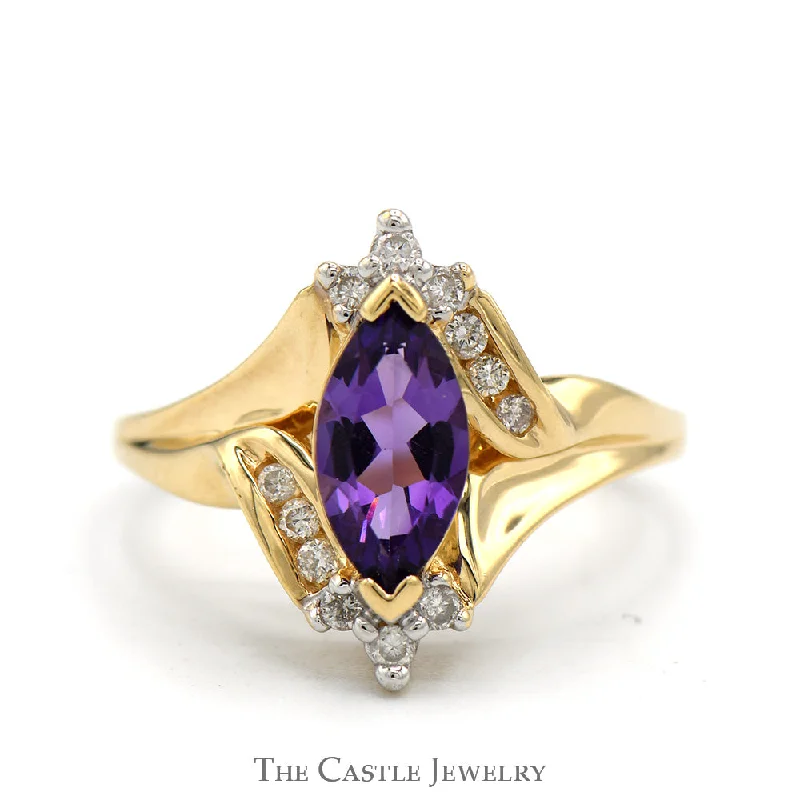 ladies rings for casual wear -Marquise Cut Amethyst ring with Round Diamond Accents in 10k Yellow Gold