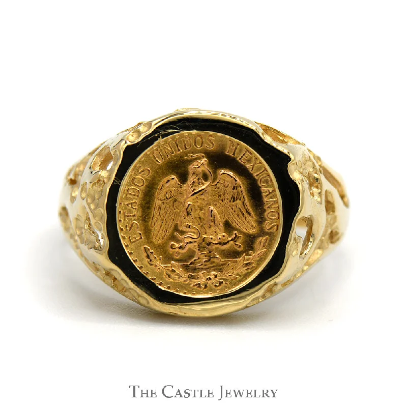 ladies rings with black onyx -Dos Pesos Mexican Coin Ring with Open Nugget Sides in 14k Yellow Gold