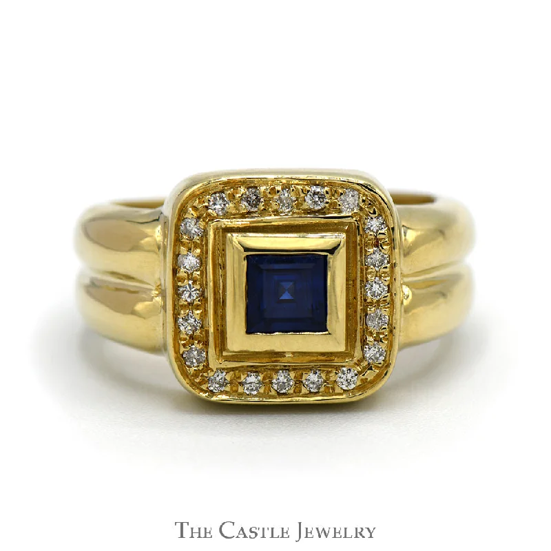 ladies rings with ruby -Bezel Set Square Sapphire Ring with Diamond Halo in 10k Yellow Gold