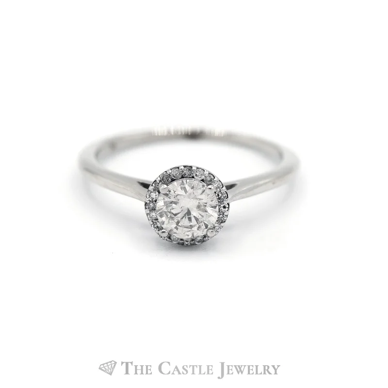 ladies rings vintage look -3/4cttw Round Diamond Engagement ring with Diamond Halo in 14k White Gold