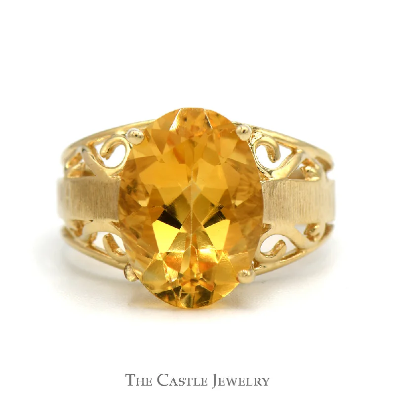 ladies rings vintage look -Oval Citrine Solitaire Ring with Open Scroll Designed Sides in 10k Yellow Gold