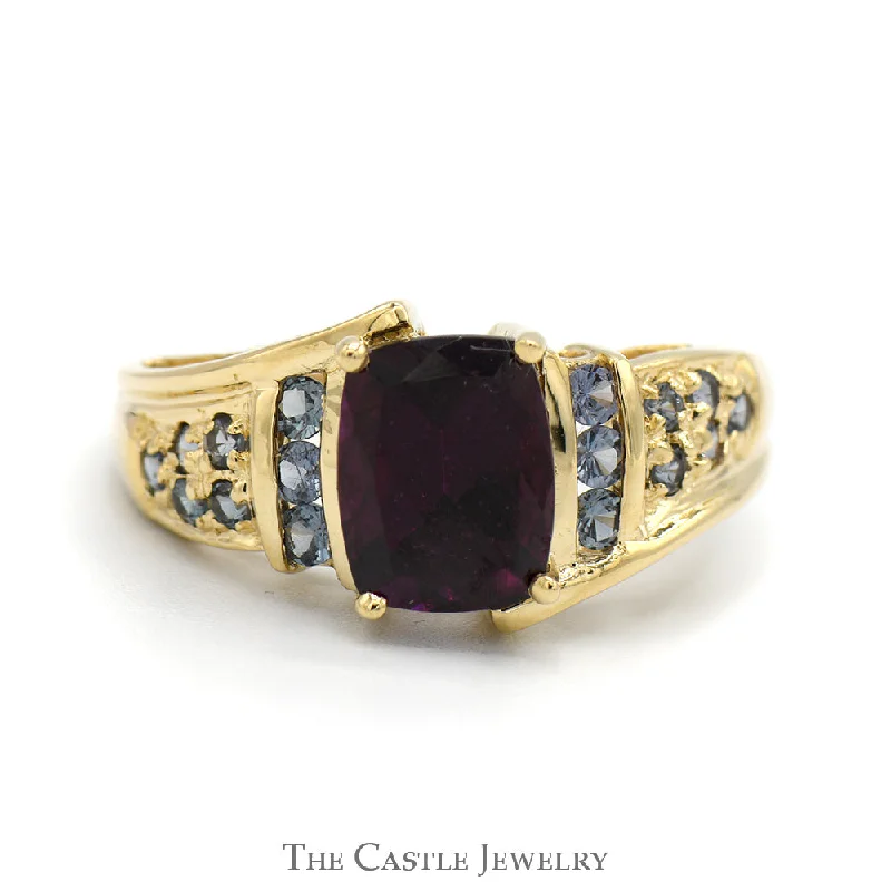 ladies rings two tone -Cushion Cut Rhodalite Garnet Ring with Tourmaline Accented Sides in 14k Yellow Gold