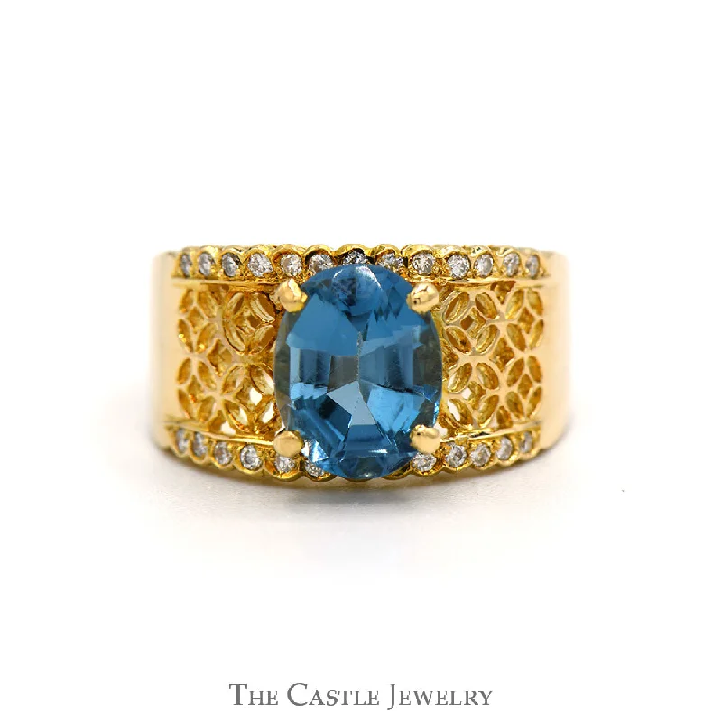 ladies rings infinity symbol -Oval Blue Topaz Open Lattice Ring with Diamond Accented Edges in 14k Yellow Gold