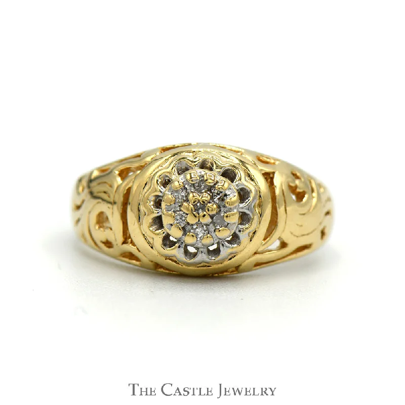 ladies rings two tone -Women's Kentucky Diamond Cluster Ring with Open Filigree Sides in 10k Yellow Gold