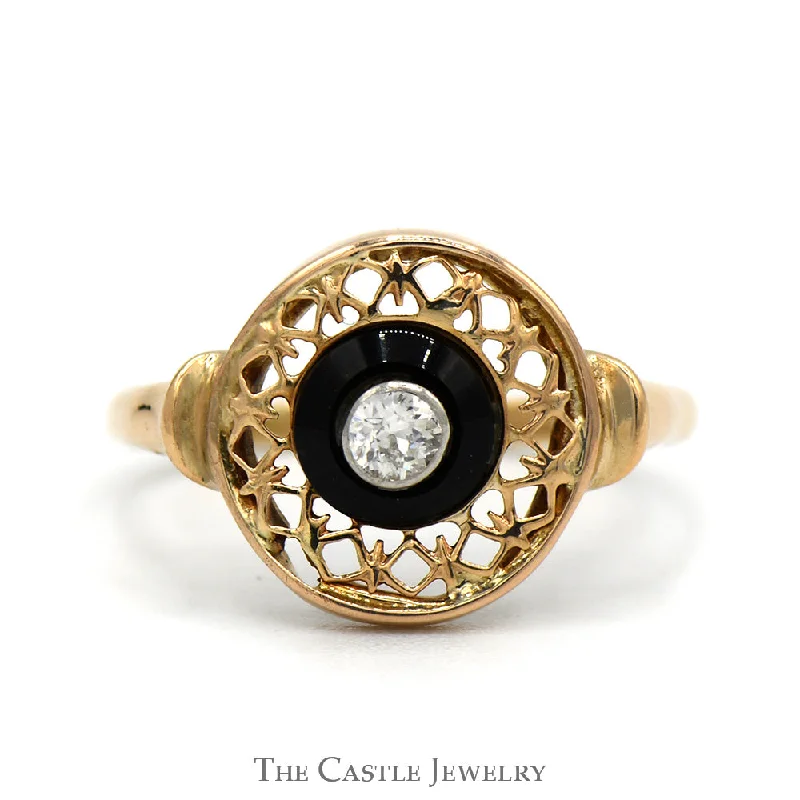 ladies rings timeless beauty -Old Mine Cut Diamond Circular Shield Ring with Black Onyx Accent in 14k Yellow Gold