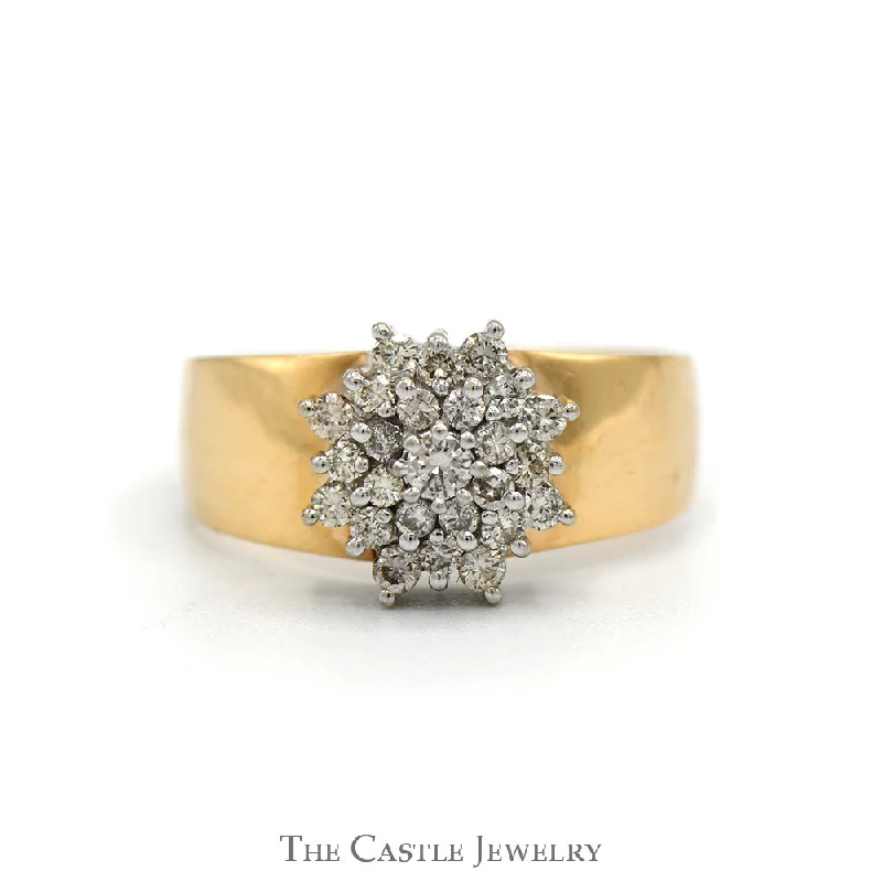 ladies rings trendy minimalist -1/3cttw Diamond Snowflake Cluster Ring with Wide Polished Band in 14k Yellow Gold