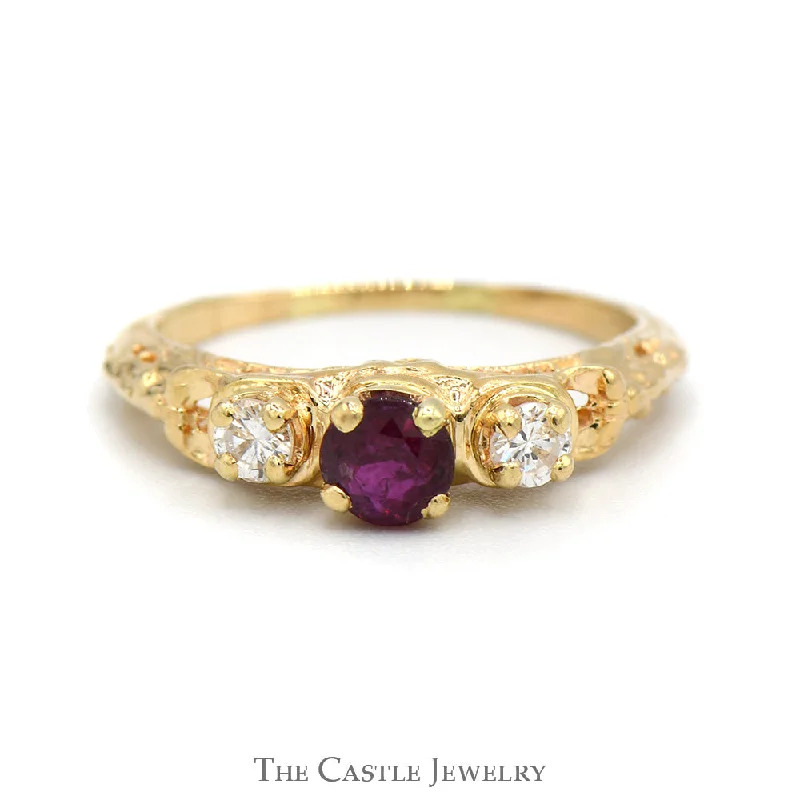 ladies rings gold band -Vintage Style 3 Stone Ruby and Diamond Ring in 14k Yellow Gold