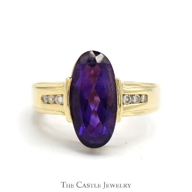 ladies rings with amethyst -Elongated Oval Amethyst Ring with Channel Set Diamond Accents in 14k Yellow Gold