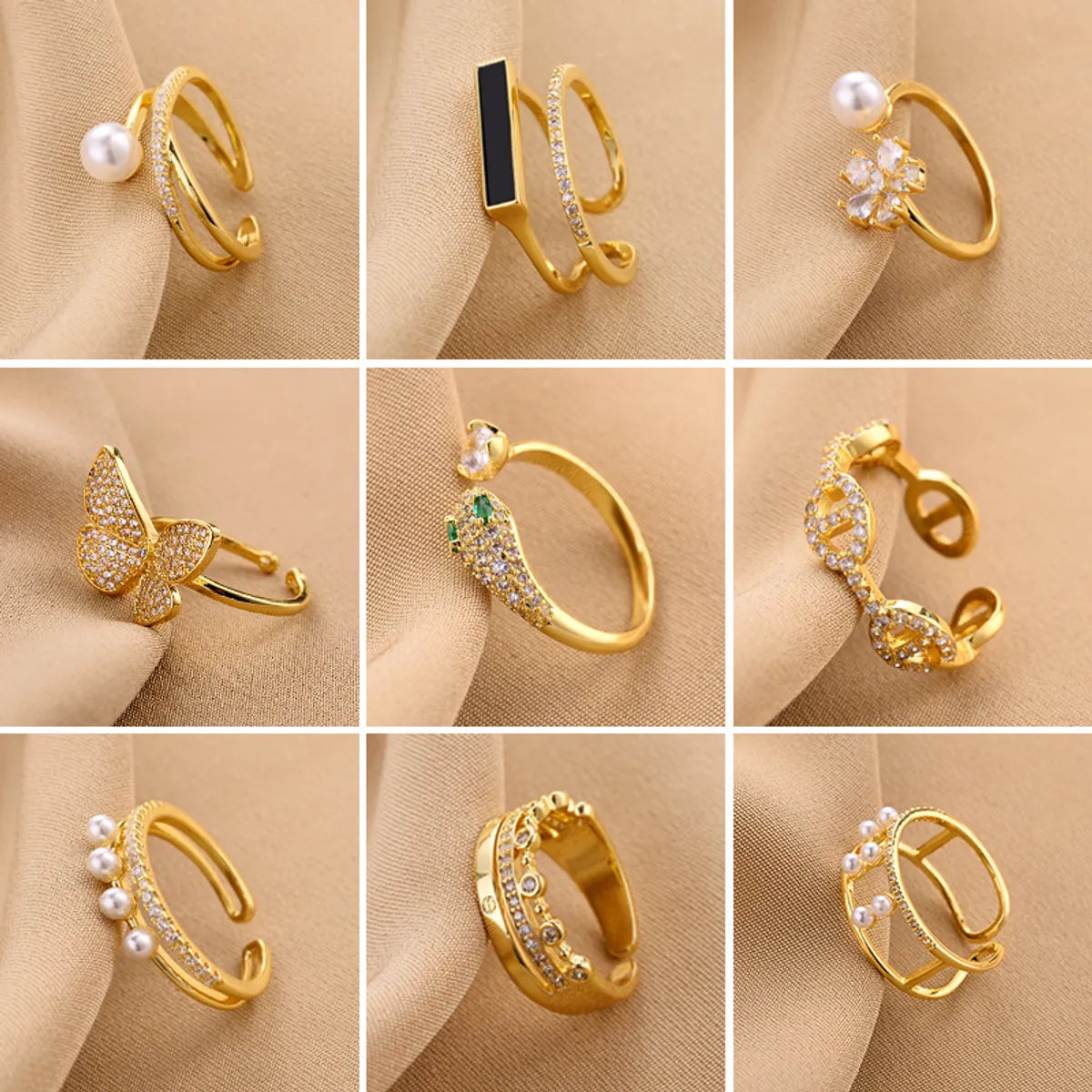 ladies rings with crystals -Fashion Geometric Snake Butterfly Copper Open Ring Plating Artificial Gemstones Copper Rings