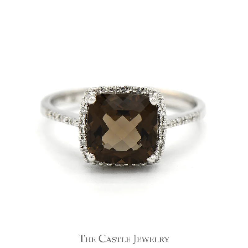 ladies rings romantic design -Cushion Cut Smokey Quartz Ring with Diamond Halo and Accented Sides in 14k White Gold