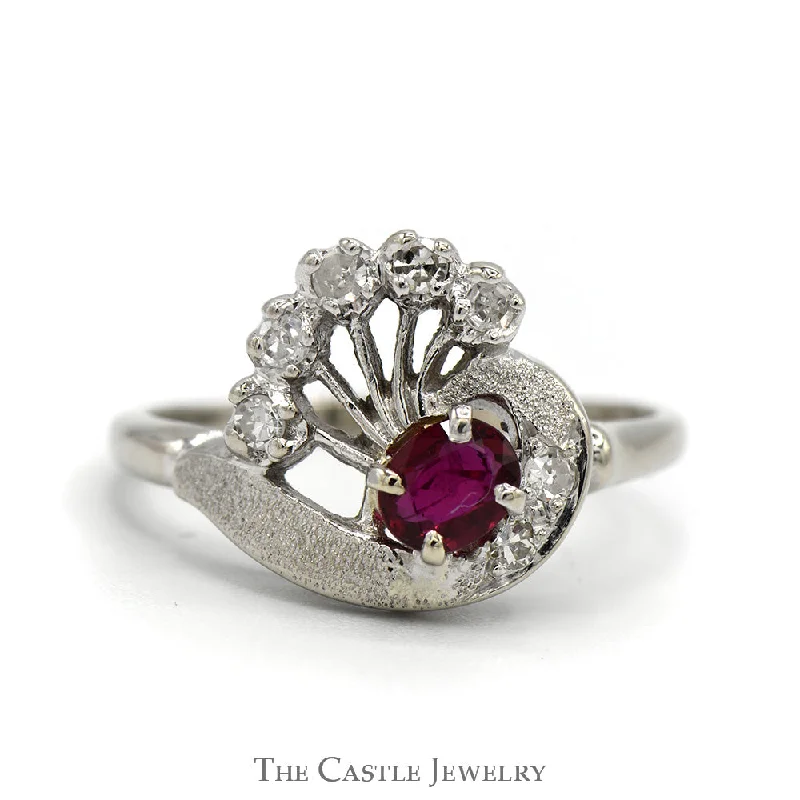 ladies rings for fashion lovers -Vintage Style Round Ruby Ring with 1/4cttw Diamond Accented Spokes in 14k White Gold