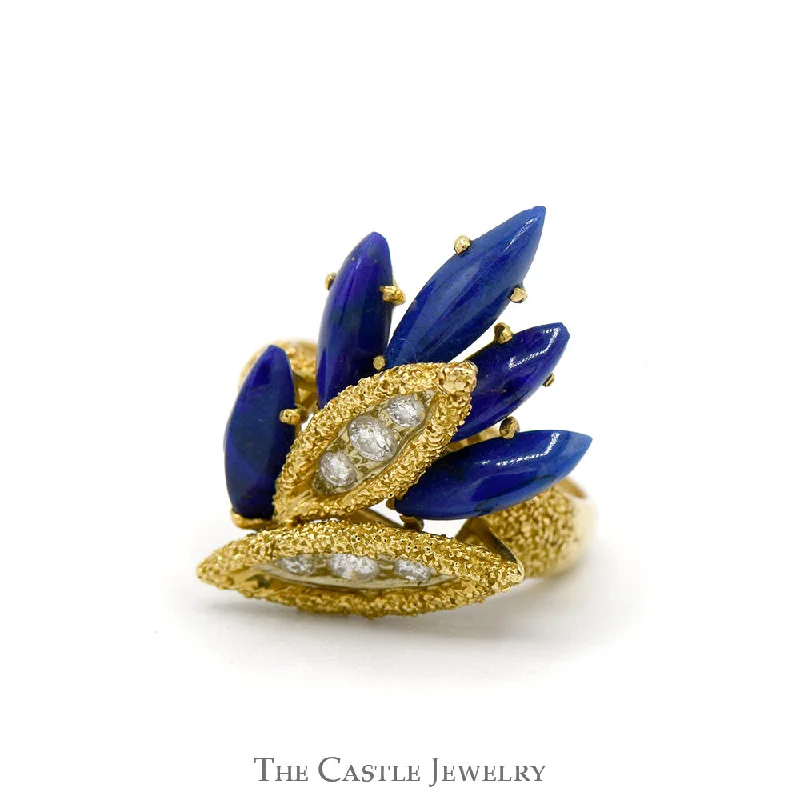 ladies rings rose gold style -Round Diamond and Marquise Lapis Cartier Designer Cluster Ring in 18k Yellow Gold