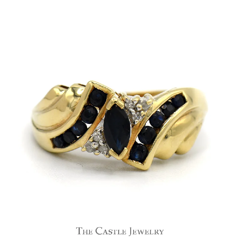 ladies rings with sapphire -Marquise Cut Sapphire Ring with Diamond Cluster and Sapphire Accents in 10k Yellow Gold