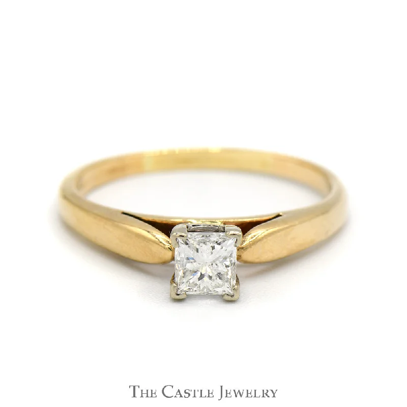 ladies rings heart shaped -.55ct Princess Cut Diamond Solitaire Engagement Ring in 14k Yellow Gold Cathedral Mounting