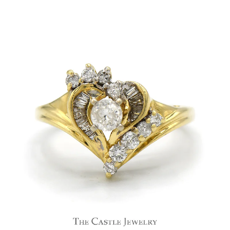 ladies rings trendy minimalist -Heart Shaped Round and Baguette Cut Diamond Cluster Ring in 14k Yellow Gold