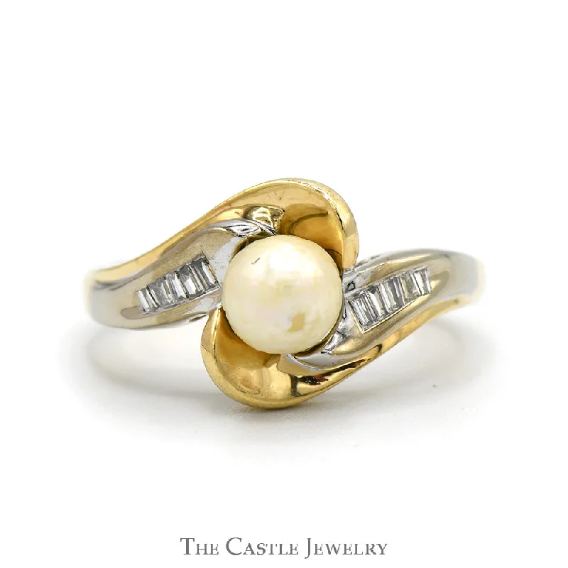 ladies rings timeless beauty -Pearl Ring with Baguette Cut Diamond Accents in 10k Yellow Gold Swirled Bypass Setting