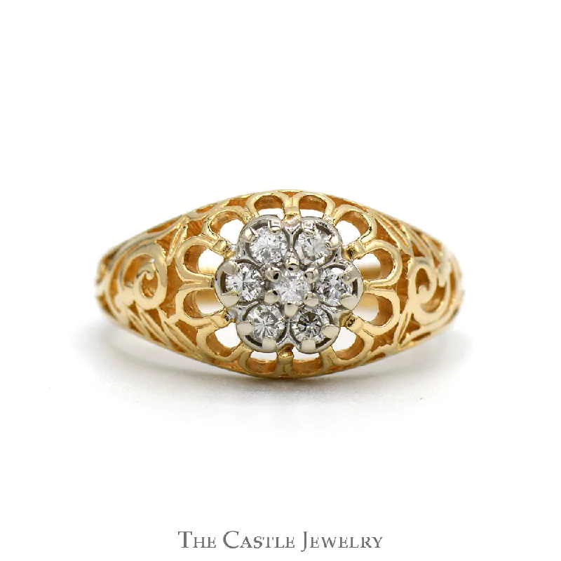 ladies rings for mother -1/4cttw 7 Diamond Kentucky Cluster Ring with Open Filigree Sides in 14k Yellow Gold