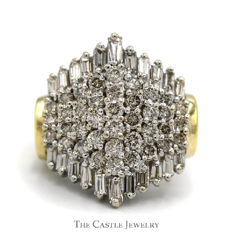 ladies rings elegant gold -Wide 2.5cttw Round & Baguette Diamond Cluster Ring in 14k Yellow Gold