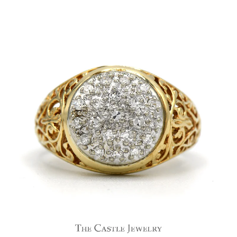 ladies rings with pearls -1/2cttw Kentucky Diamond Cluster Ring with Open Filigree Sides in 14k Yellow Gold