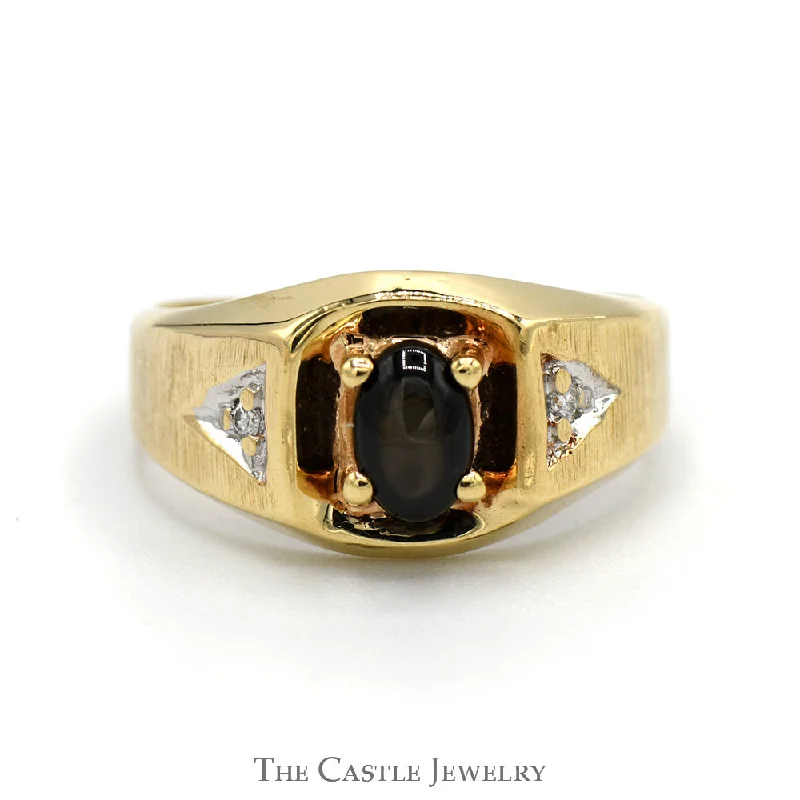 ladies rings two tone -Oval Cabochon Lindy Star Ring with Illusion Set Diamond Accents in 10k Yellow Gold