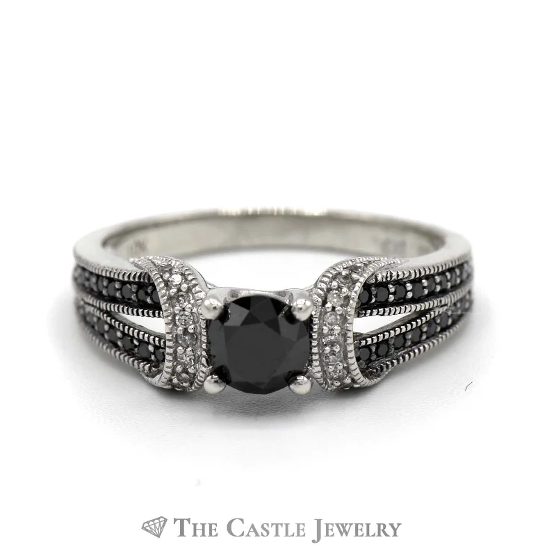 ladies rings affordable luxury -Round Black Diamond Engagement Ring with White and Black Diamond Accents in 10k White Gold Split Shank Setting