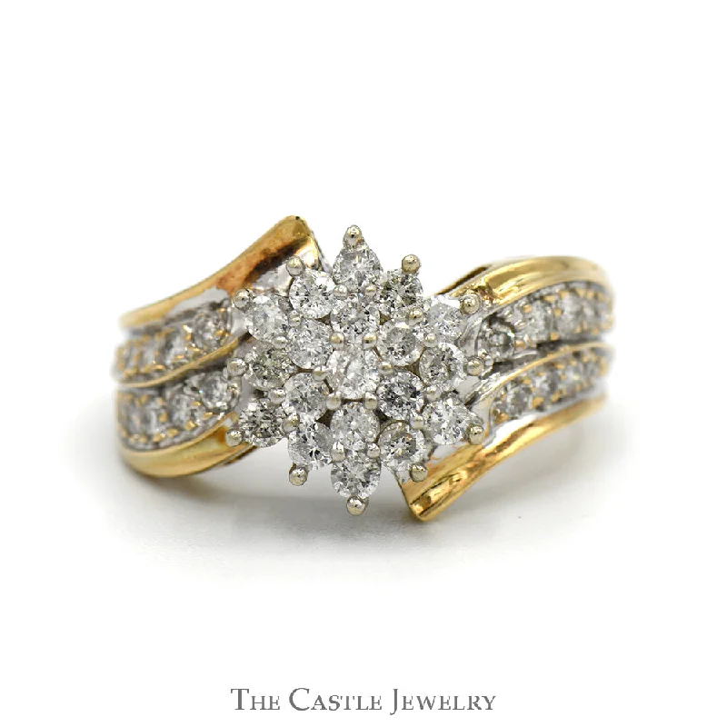 ladies rings chic design -1cttw Snowflake Diamond Cluster Ring with Accented Sides in 10k Yellow Gold Bypass Mounting