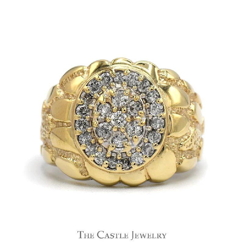 ladies rings minimalist design -1.5cttw Oval Shaped Diamond Cluster Ring with Nugget Designed Sides in 10k Yellow Gold