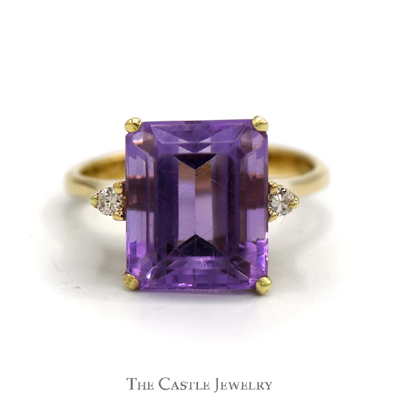 ladies rings with crystals -Emerald Cut Amethyst Ring with Diamond Accented Sides in 10k Yellow Gold