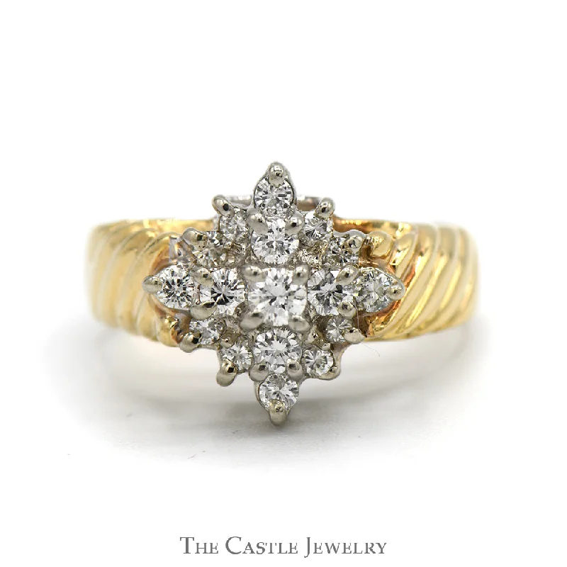 ladies rings small size -1/4cttw Diamond Starburst Cluster Ring with Ridged Sides in 14k Yellow Gold