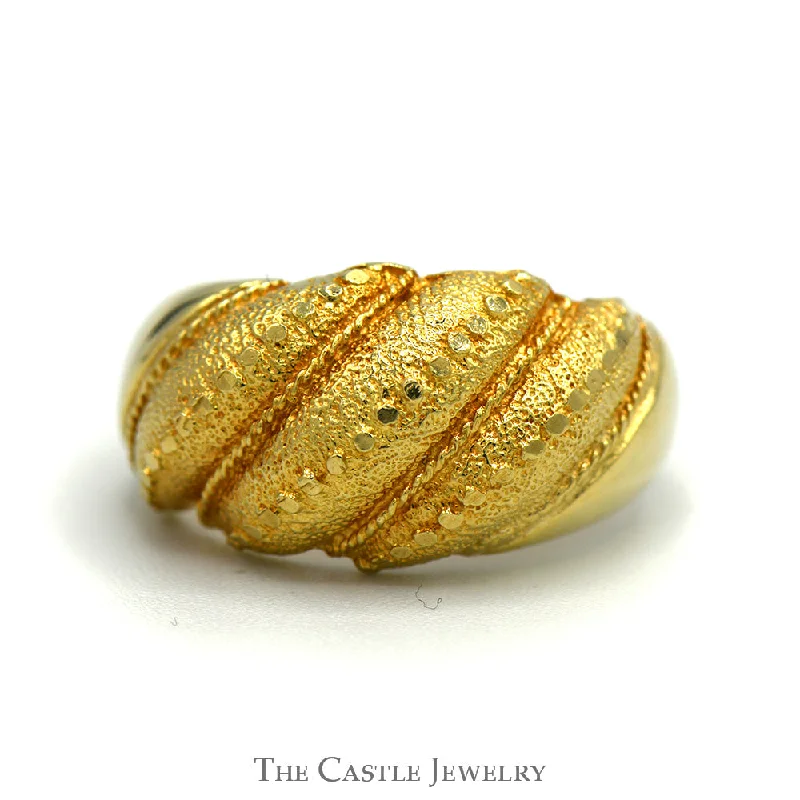 ladies rings with zircon -Ridged Dome Ring with Textured Brushed and Beaded Details in 10k Yellow Gold