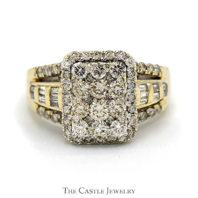 ladies rings vintage look -Rectangle Shaped 2cttw Diamond Cluster Ring with Halo and Accents in 10k Yellow Gold