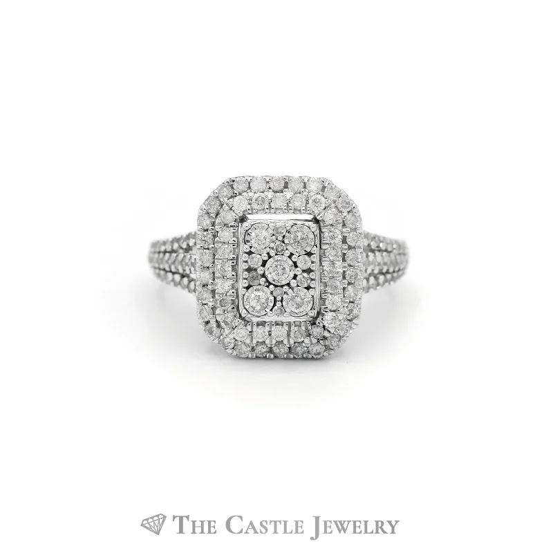 ladies rings for wedding -1cttw Diamond Cluster Ring with Double Halo & Accents in 10k White Gold