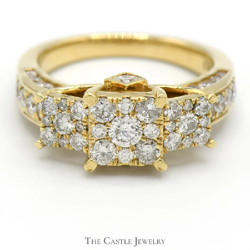 ladies rings with crystals -Triple Diamond Cluster Engagement Ring with Diamond Accents in 10k Yellow Gold