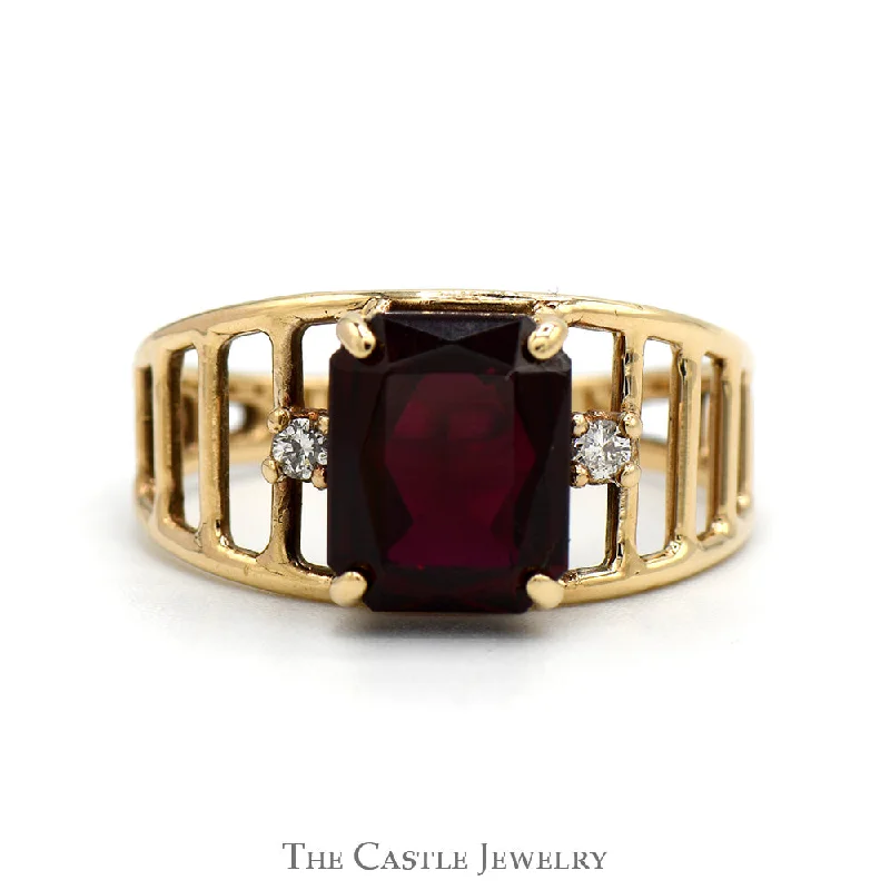 ladies rings gold band -Emerald Cut Ruby Ring with Diamond Accented Sides in 10k Yellow Gold Open Slotted Mounting