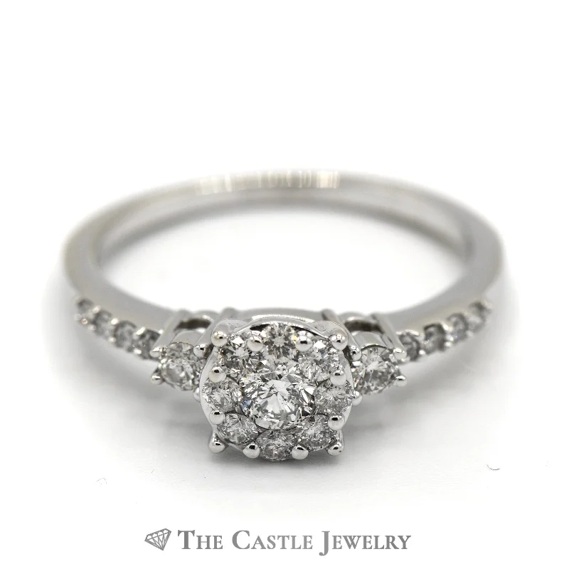 ladies rings delicate band -1/2cttw Round Diamond Cluster Engagement Ring in Diamond Accented 14k White Gold Setting