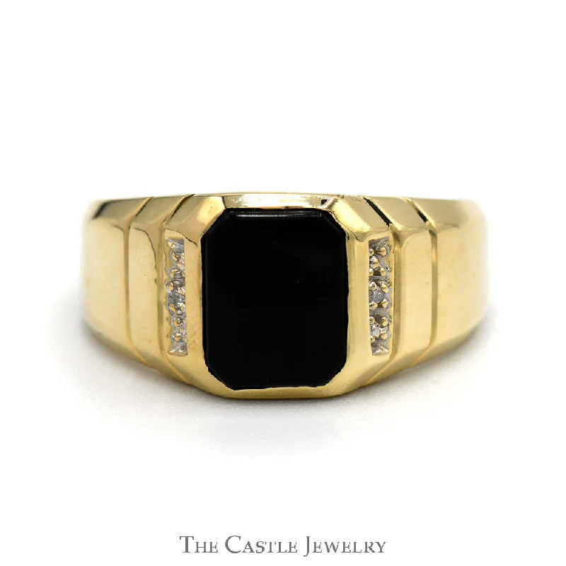 ladies rings with yellow citrine -Rectangular Black Onyx Ring with Diamond Accents in 10k Yellow Gold Grooved Mounting