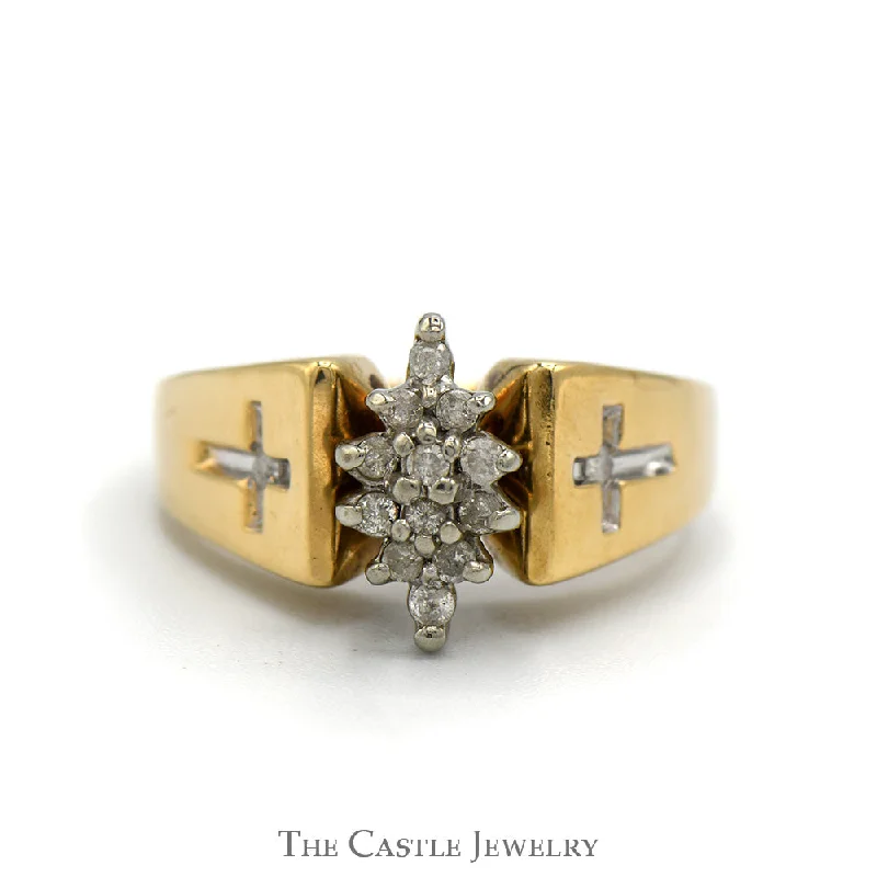 ladies rings with pearls -Marquise Shaped Diamond Cluster Ring with Etched Cross Sides in 10k Yellow Gold