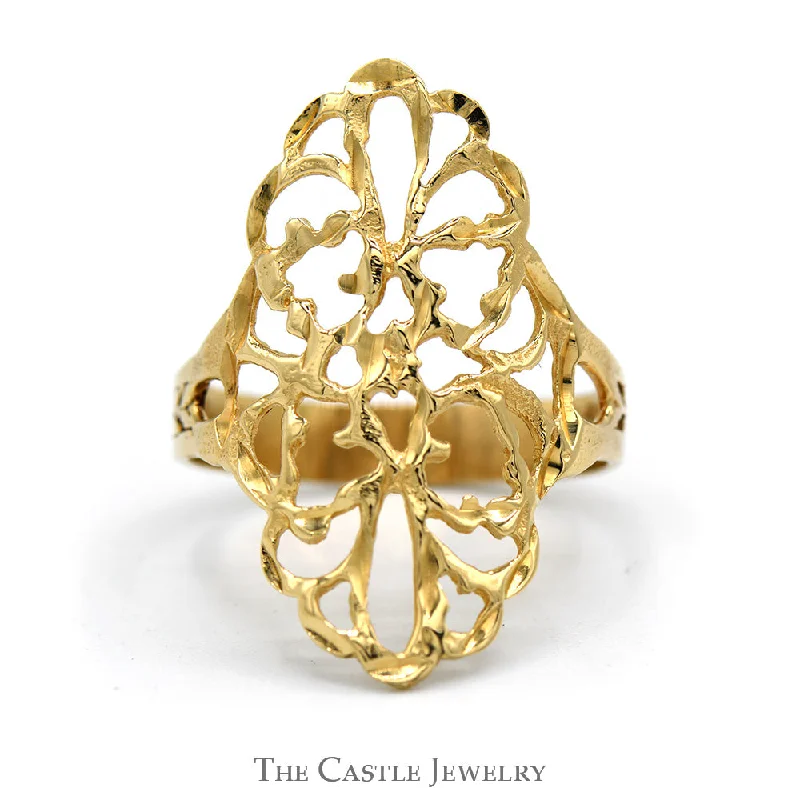 ladies rings lightweight feel -Open Filigree Shield Ring in 14k Yellow Gold