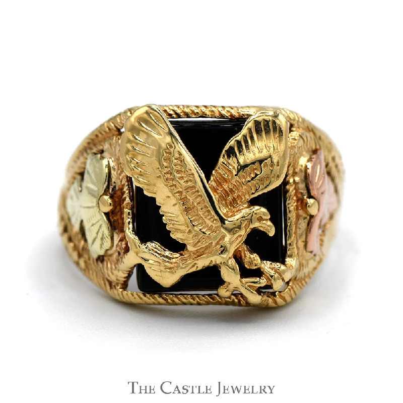 ladies rings personalized name -Black Onyx Eagle Ring with Two Tone Leaf Designed Sides in 10k Tri Tone Yellow, Rose & White Gold