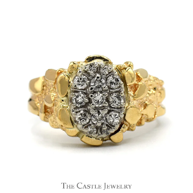 ladies rings with diamond accent -1/2cttw Oval Shaped Diamond Cluster Ring with Nugget Designed Sides in 14k Yellow Gold