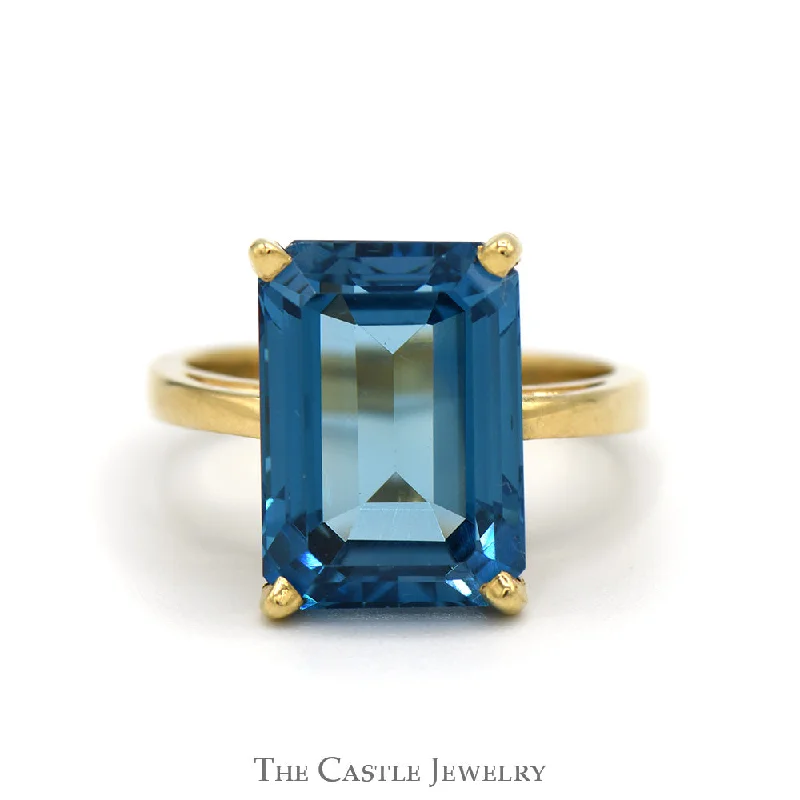 ladies rings rose gold style -Emerald Cut Blue Topaz Solitaire Ring in 14k Yellow Gold