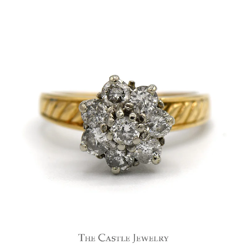 ladies rings affordable luxury -1cttw Diamond Flower Cluster Ring with Diagonally Grooved Sides in 10k Yellow Gold