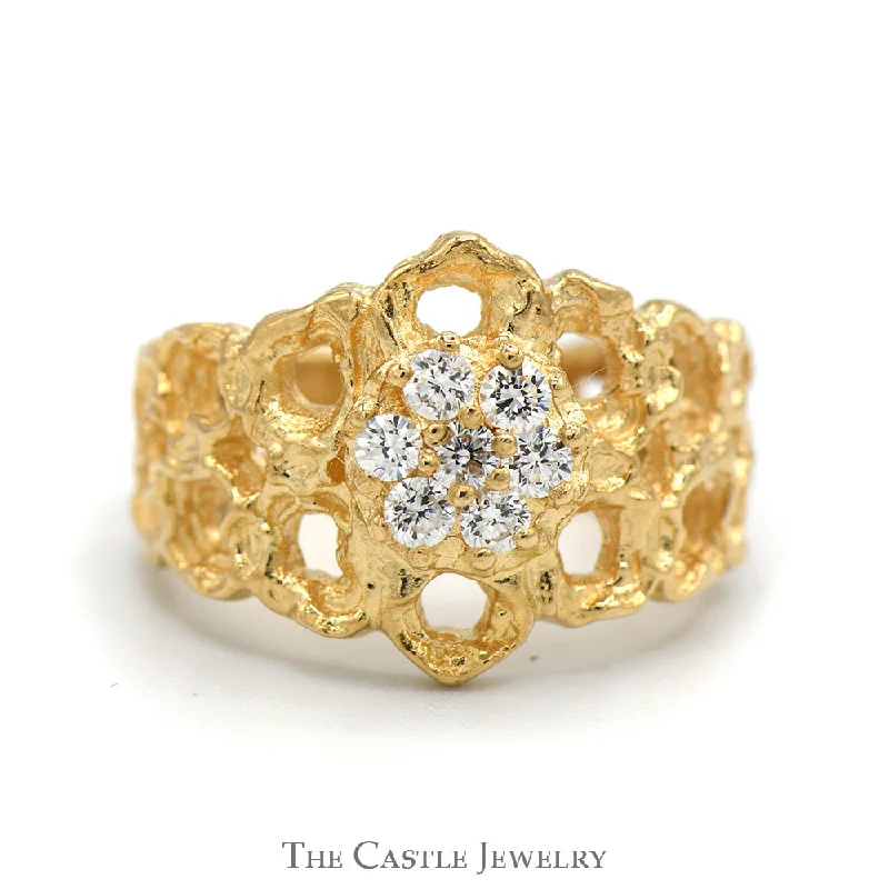 ladies rings heart shaped -Round Cubic Zirconia Cluster Ring with Open Nugget Designed Sides in 14k Yellow Gold