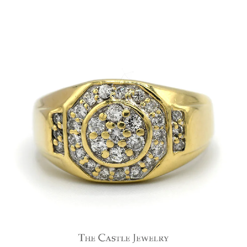 ladies rings with garnet -Octagonal Shaped 1cttw Diamond Cluster Men's Ring with Accented Sides in 10k Yellow Gold